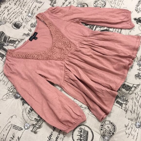 Derek Heart  Knit Lace Trim Long Sleeve Peasant Top - Picture 5 of 7